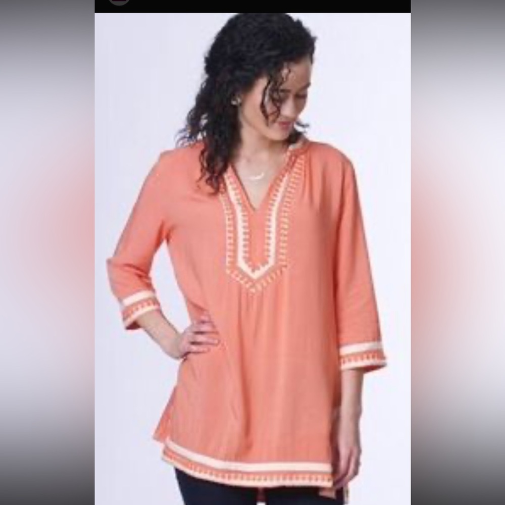 Kevia Embroidered Coral Tunic Top
